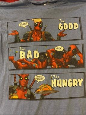 Marvel Deadpool Comic Panel Tee - Blue with Red & Yellow Print